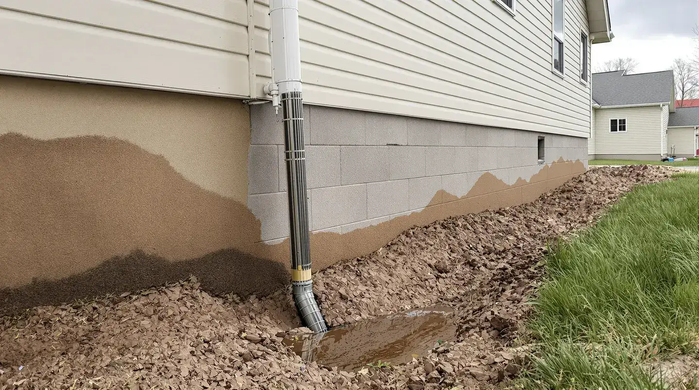 Standing water pooling against a residential foundation due to poor grading and downspout placement — a common cause of basement water pressure